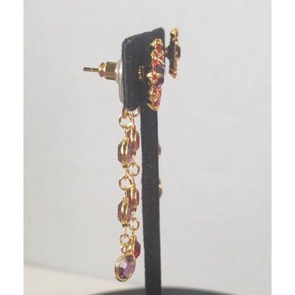 Red Hat Society Dangle Earrings Red Purple Gold Tone Chandelier Pierced - Picture 15 of 16